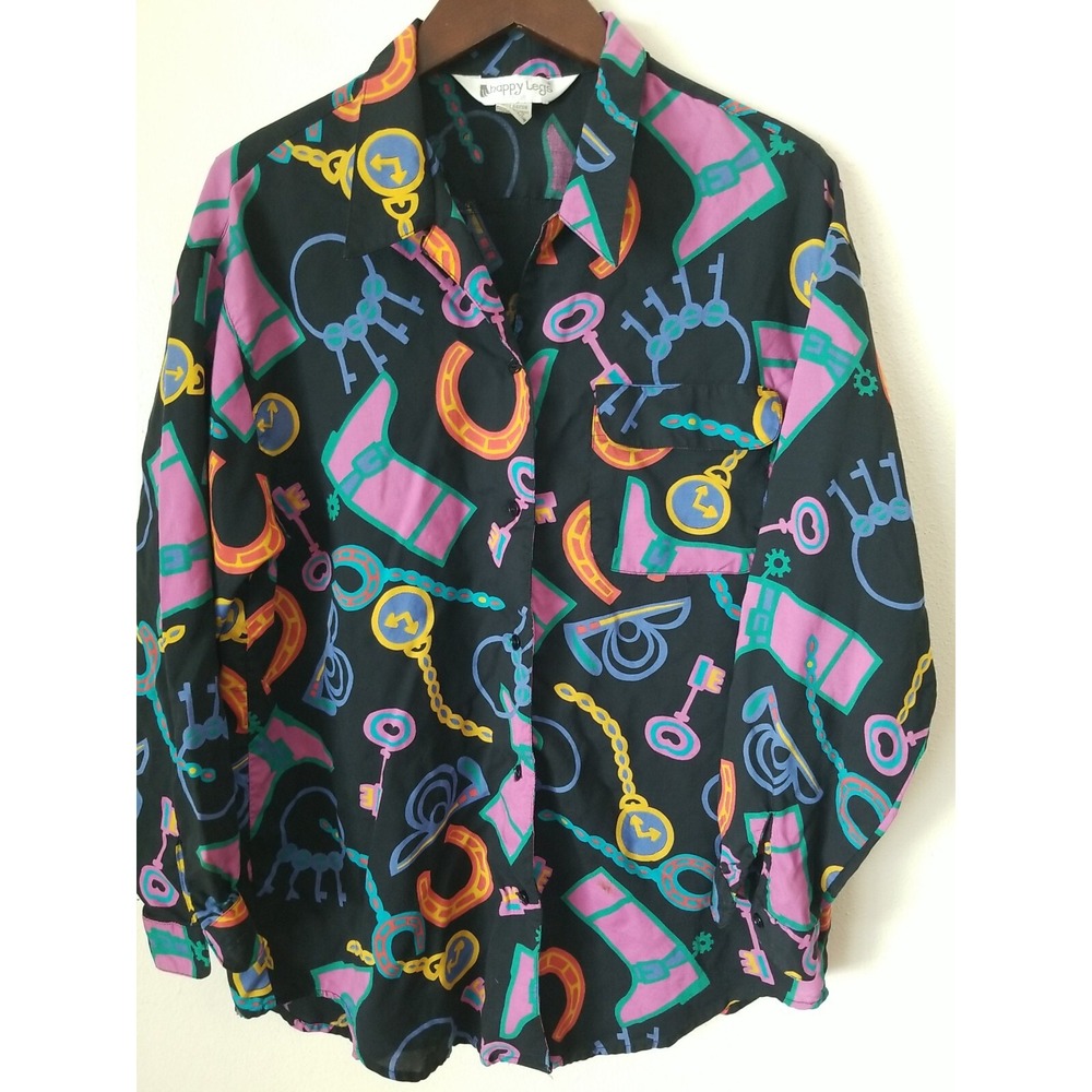 HAPPY LEGS Women's Vintage Black Multi Print Rayon Button Shirt Size 9